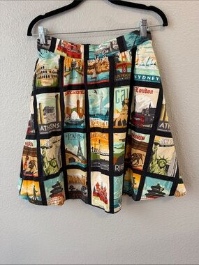 Retrolicious Travel Stamp Print A-Line Skirt - Multicolor